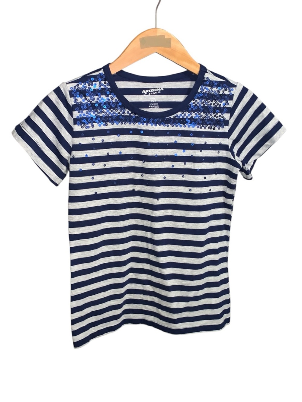 Arizona Jean Company Navy and Gray Striped Sequin Accent Tee Shirt